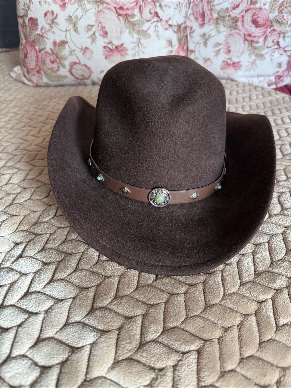 Brown Felt Cowboy Hat with Decorative Leather Band